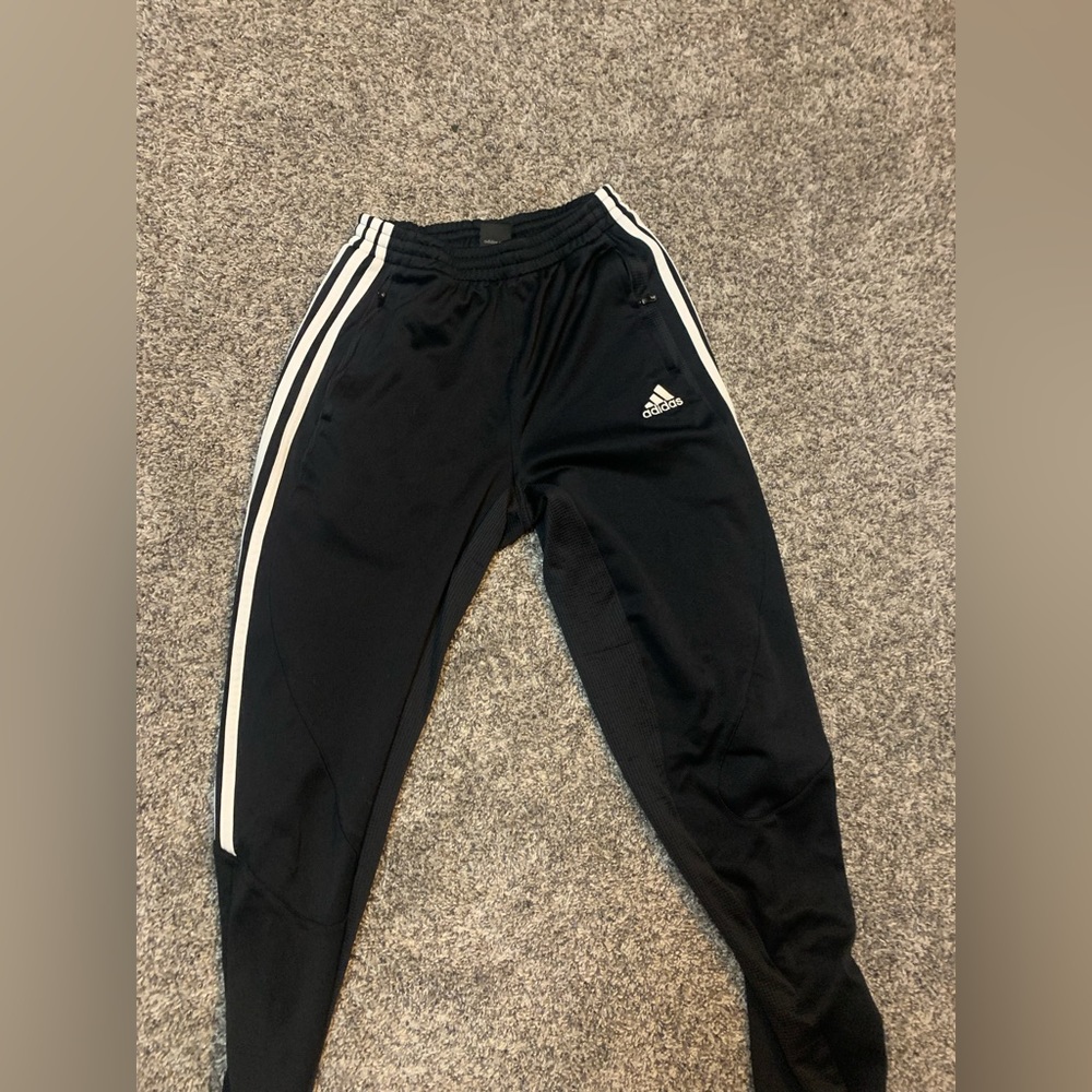 Adidas joggers, black with white strips, small